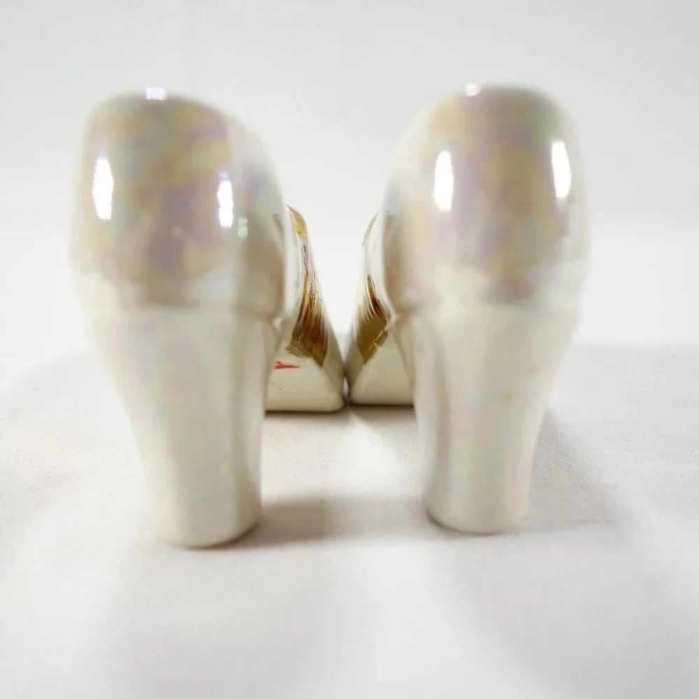 Vintage Collectible Pair of Lustre Porcelain Miniature High Heel Shoes Gold Trim